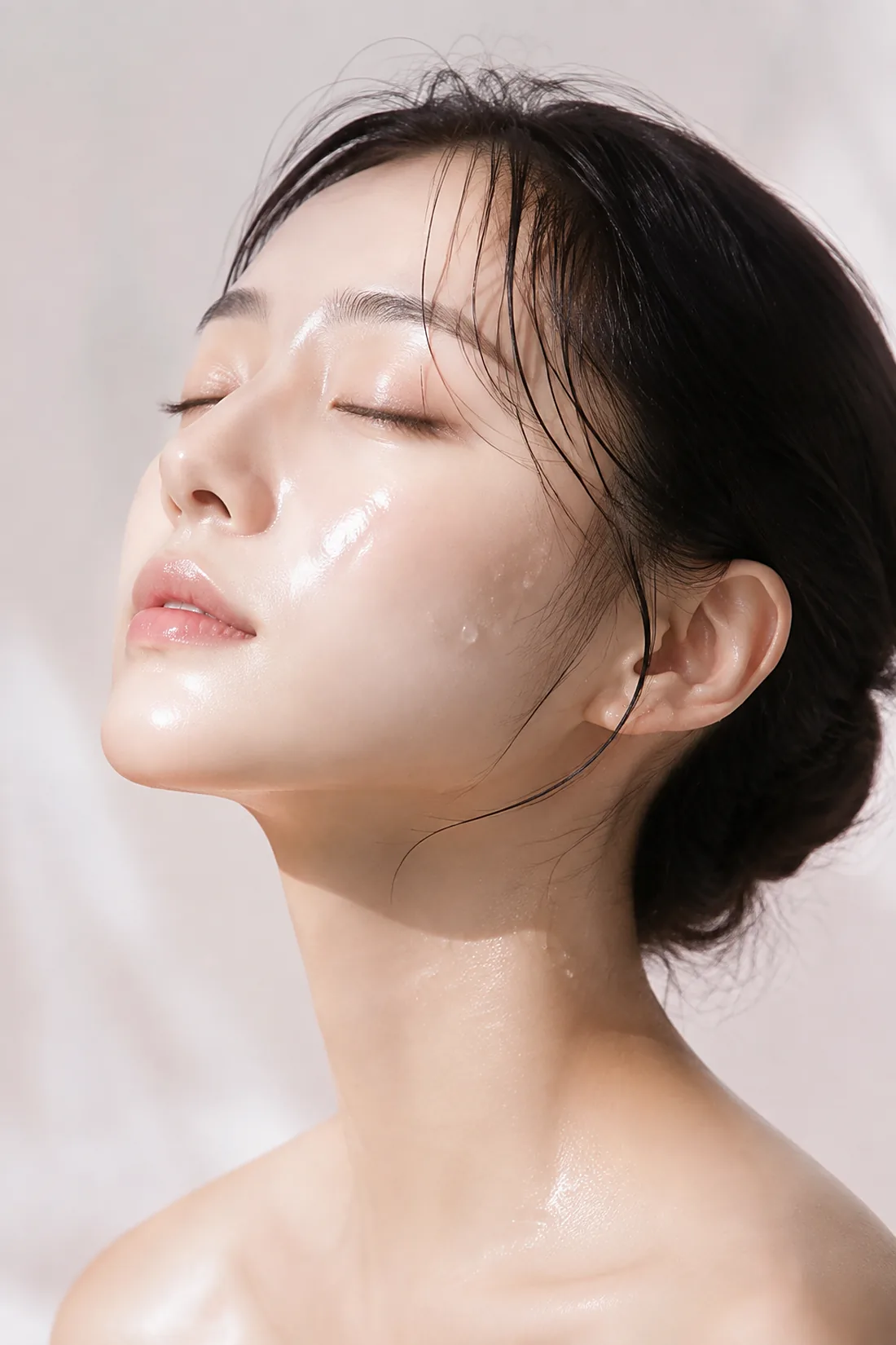 Dewy glass skin in soft light