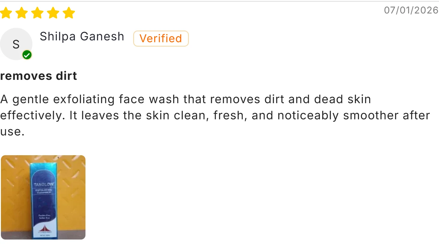 Customer review of Tanglow Exfoliating Cleanser on DelMeds